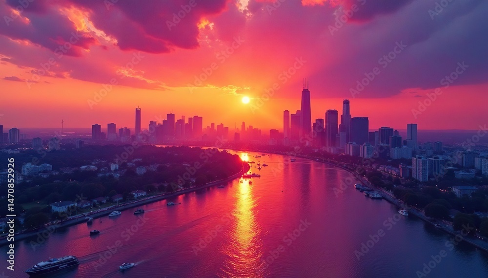 Fototapeta premium Stunning sunset paints the city skyline in vibrant hues of orange, pink, and purple , rooftops, rays