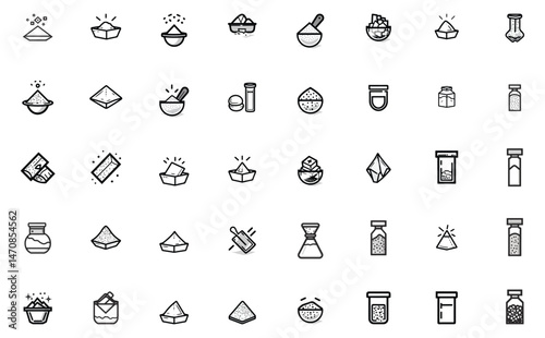 Black Outline Icon Collection of Spices, Herbs, Powder, and Containers on White