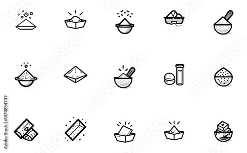 Collection of Outline Icon Set Featuring Bowls,Containers,Ingredients, and Powders
