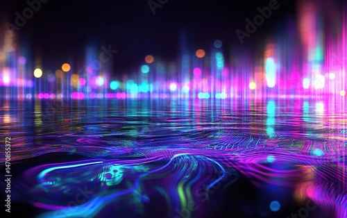 Futuristic city reflected in vibrant water