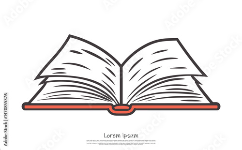Open Book Isolated with Page Lines, Red Cover, and Spine on White Background