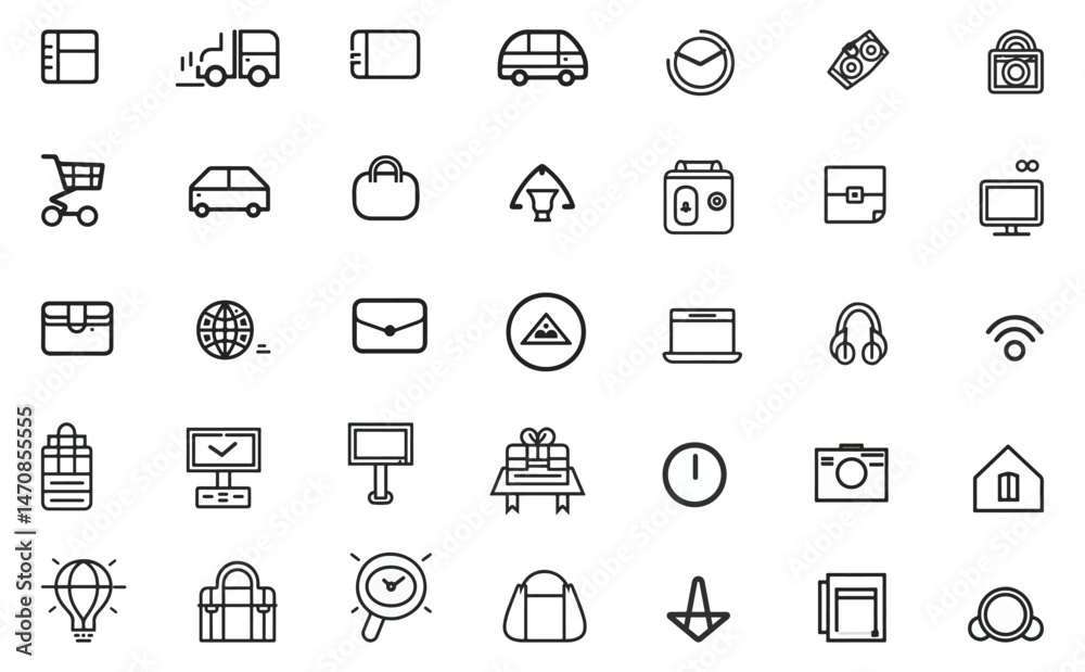 Outline Icon Set Collection with Globe, Gift, Trolley, Car, Wifi and Arrow Design Outline Icon Set Collection with Globe, Gift, Trolley, Car, Wifi and Arrow Design