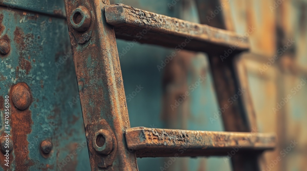 A rusty weathered metal ladder section displayed up close and detailed A rusty weathered metal ladder section displayed up close and detailed