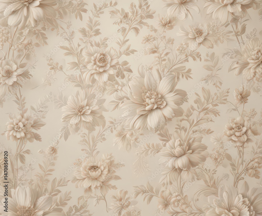 Fototapeta premium Intricate ecru floral wallpaper, soft neutrals , floral pattern, paper