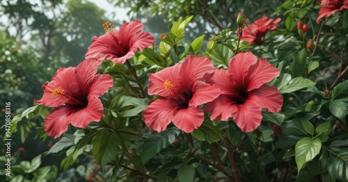Large hibiscus flowers, abundant tropical greenery ,  botany,  summer,  yellow