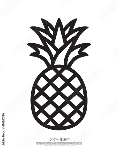 Black contour of a pineapple with leaves, outline of fruit on white background