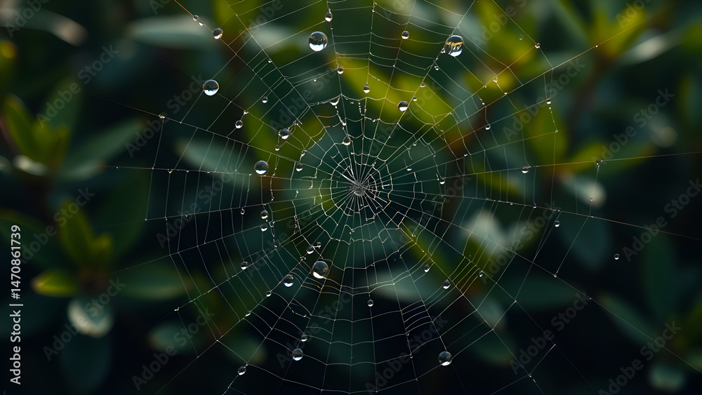 Naklejka premium Dewdrops on a Spiderweb in a Lush Green Garden Nature Photography