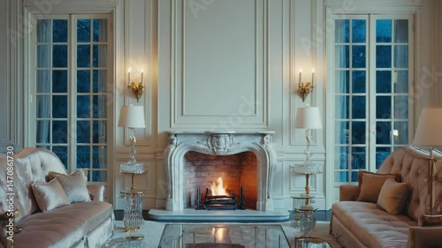 Elegant living room with fireplace and comfortable sofas in a luxurious home