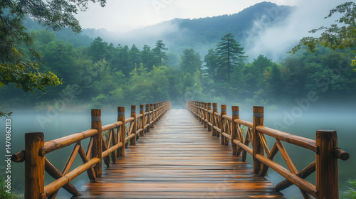 Wooden bridge surrounded by misty hills and soft morning light