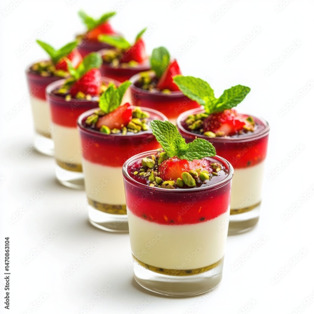 A delightful assortment of panna cotta desserts, served in small cups with layered strawberry coulis, A delightful assortment of panna cotta desserts, served in small cups with layered strawberry coulis,