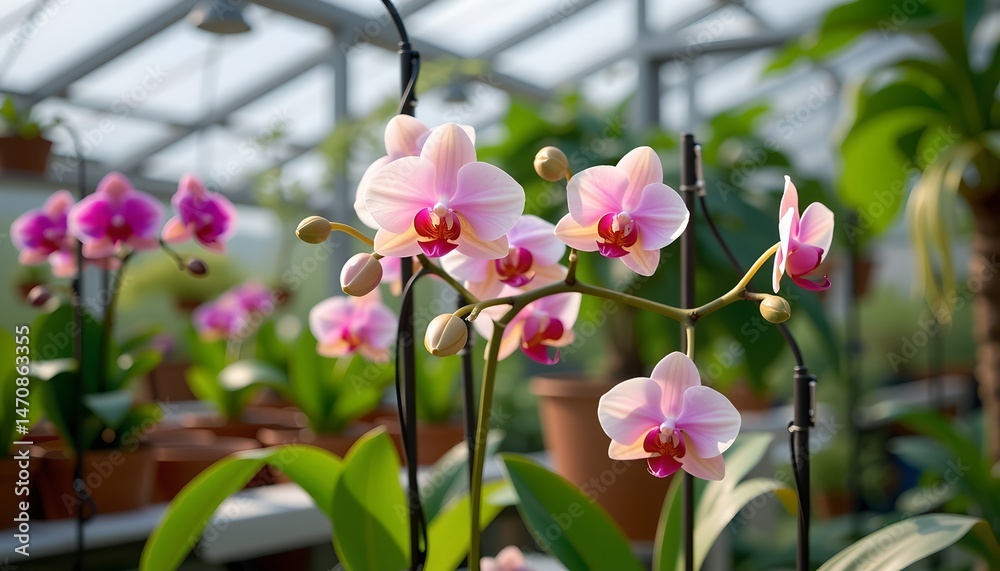 Fototapeta premium the photo showcases a vibrant display of orchids in a nursery environment