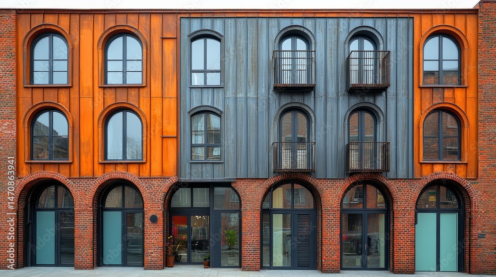 Mid-range view of a brick facade with alternating arched windows and minimalist metal accents, capturing mixed-era aesthetic Mid-range view of a brick facade with alternating arched windows and minimalist metal accents, capturing mixed-era aesthetic