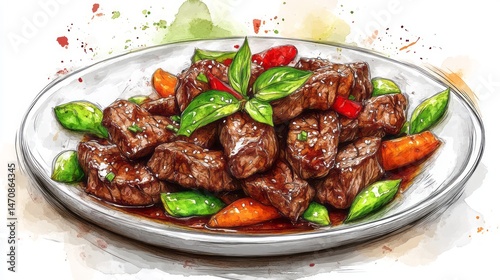 Deliciously rendered dish of stir-fried beef and vegetables.