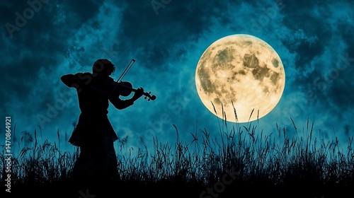 Melancholy melody under the moonlight: Silhouette of a violinist in field