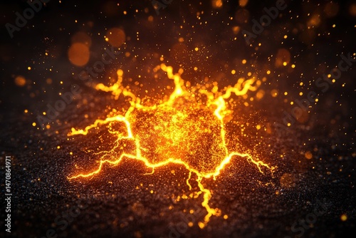Fiery electrical discharge erupts on dark surface, surrounded by sparks and glowing particles