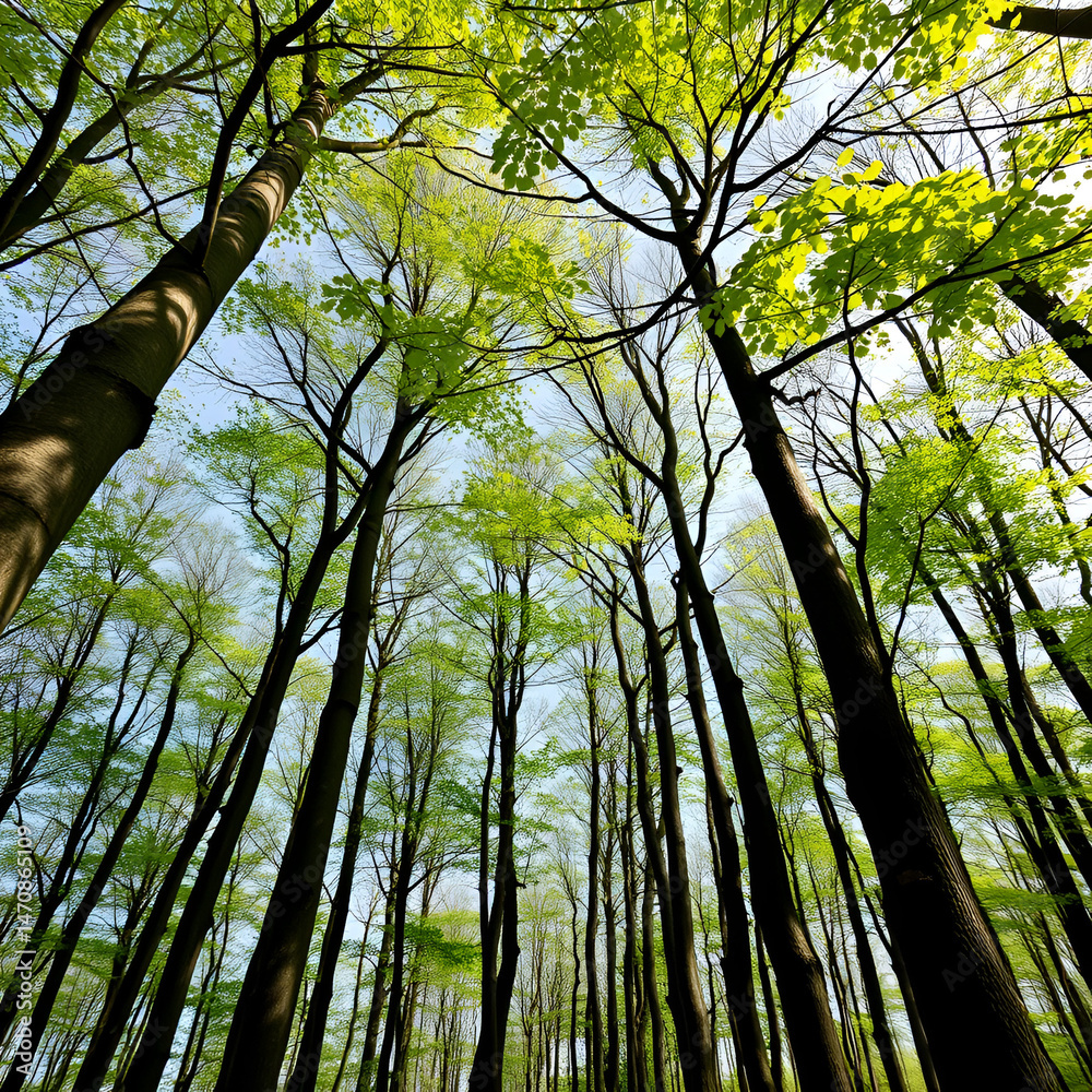 Fototapeta premium Beech Trees Forest in Early Spring, from below, fresh green leaves