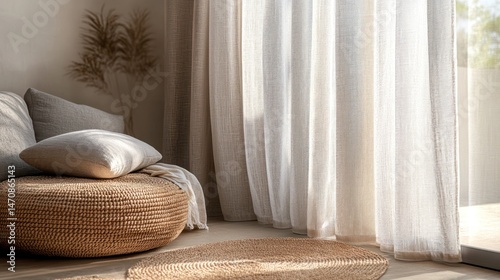 Cozy interior with natural light, soft textures, and plants