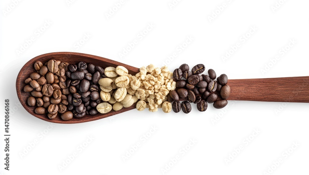 Obraz premium Roasted and green coffee beans in a wooden spoon