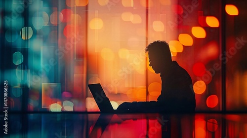 Silhouette of person working at laptop, vibrant city lights
