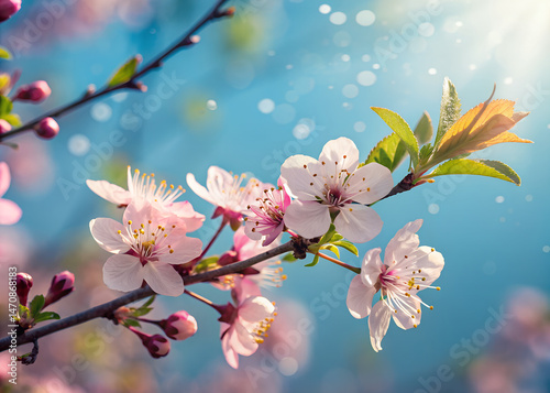 Beautiful Pink Blossom Flowers in Spring with Sunlight and Soft Bokeh Background photo