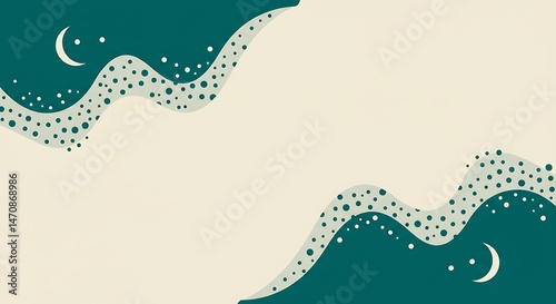 Abstract Teal and Cream Wavy Background with Moons and Stars