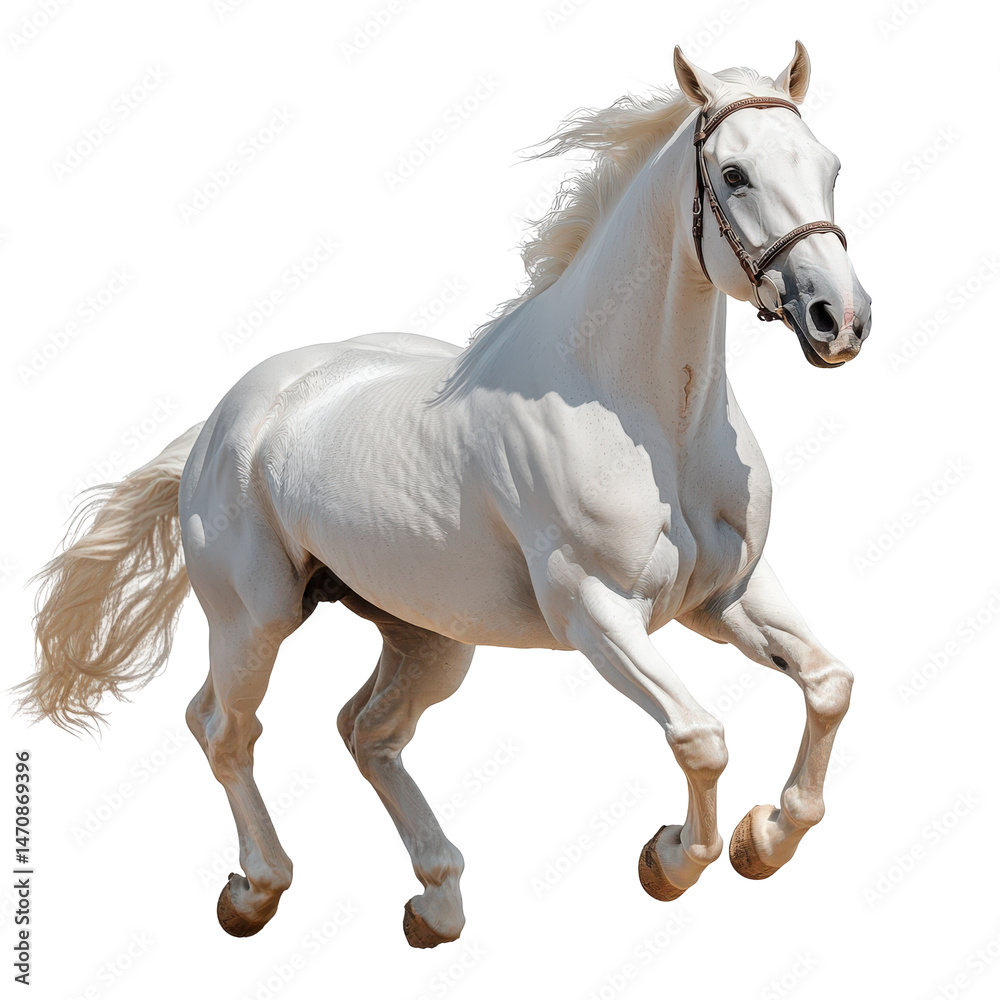 Obraz premium Magnificent white stallion galloping gracefully, a symbol of purity and freedom