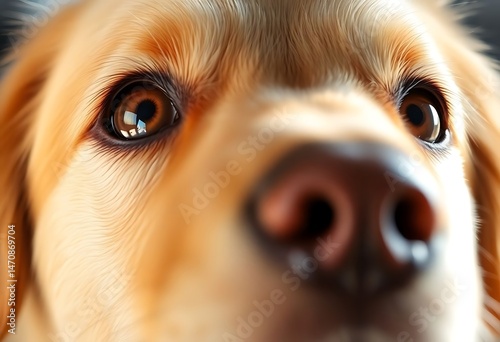 close up of a dog's face with brown eyes