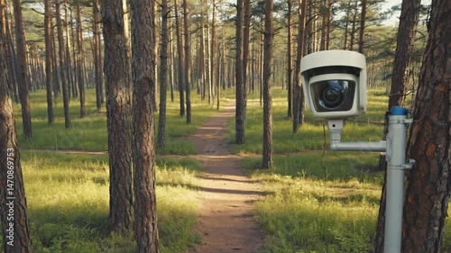 Security camera in forest monitoring pathway with sunlight and trees