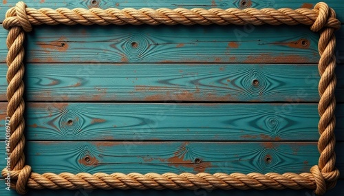 Thick nautical rope border framing a weathered wooden surface , frame, rope border, nautical theme