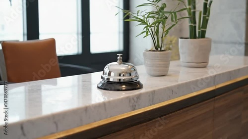 Shiny service bell on marble counter with plants in bright interior