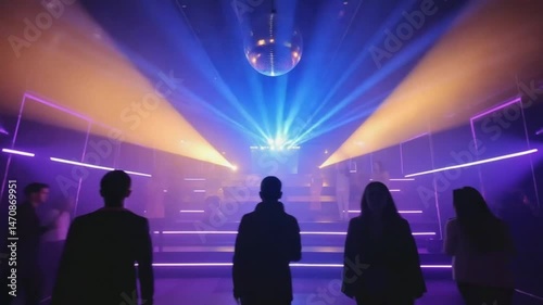 Silhouetted group watching a vibrant light show and disco ball display
