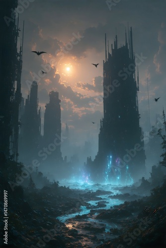 Futuristic Cyberpunk Cityscape with Glowing River and Tower