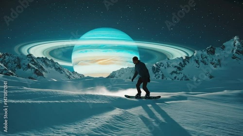 Snowboarding on snowy mountains with planet and rings