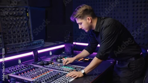 Sound engineer at work in professional recording studio with equipment