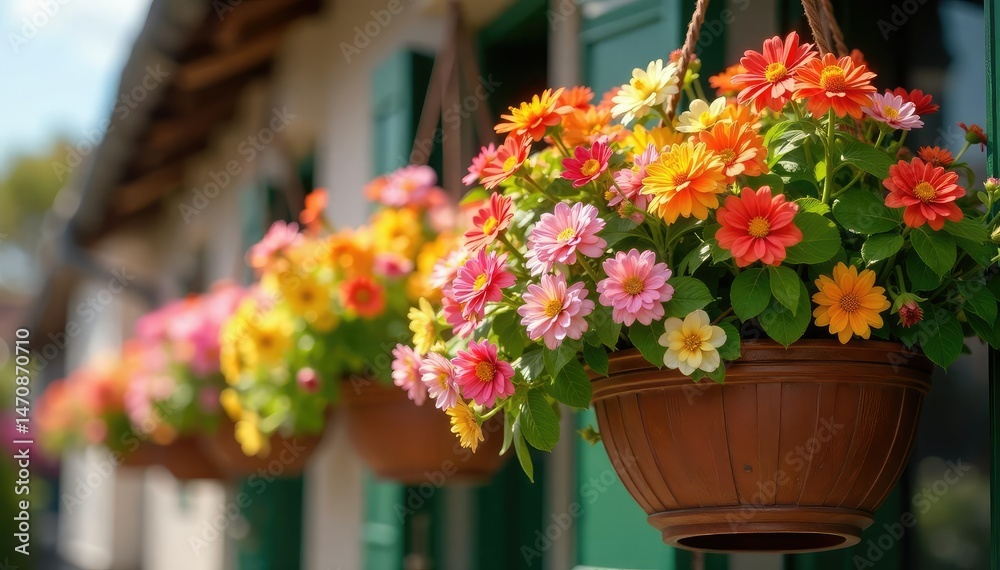 Fototapeta premium Vibrant overflowing hanging baskets bursting with colorful flowers , porch, leaves