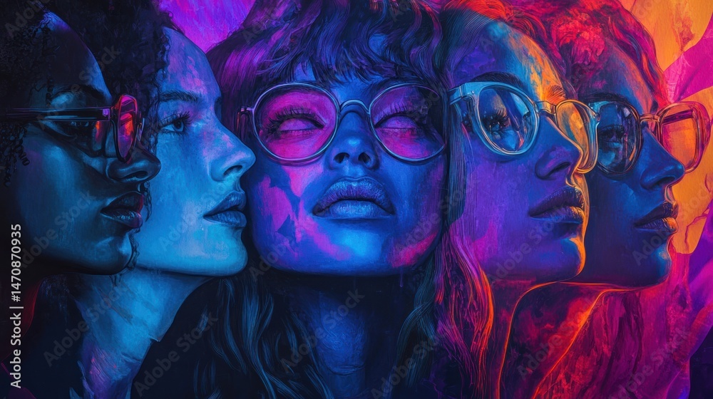 Fototapeta premium Colorful portrait of diverse women wearing glasses in harmony