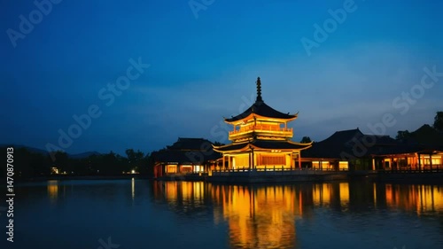Traditional chinese pagoda by pond at twilight