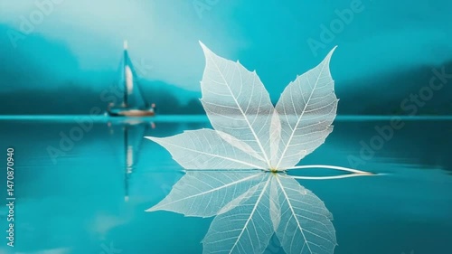 Translucent leaf floating on water with sailboat on a tranquil turquoise scene