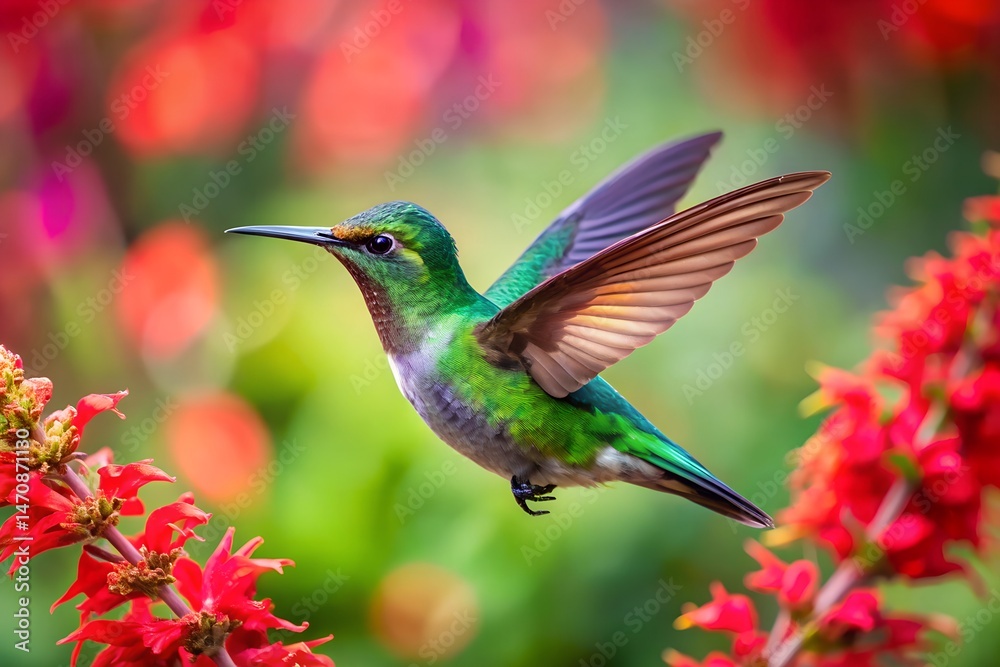 Fototapeta premium Vibrant Green Hummingbird in Flight Near Red Flowers