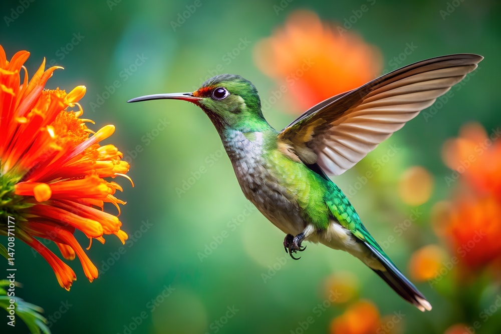 Fototapeta premium Green crowned Brilliant Hummingbird Hovering Near Orange Flower