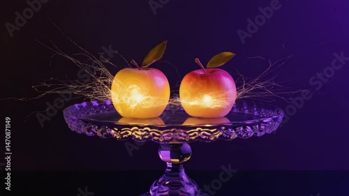 Two glowing apples on glass stand illuminated by light on dark background