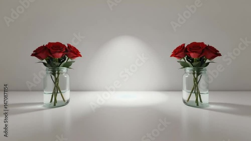 Two red rose bouquets in glass jars on white surface with shadow