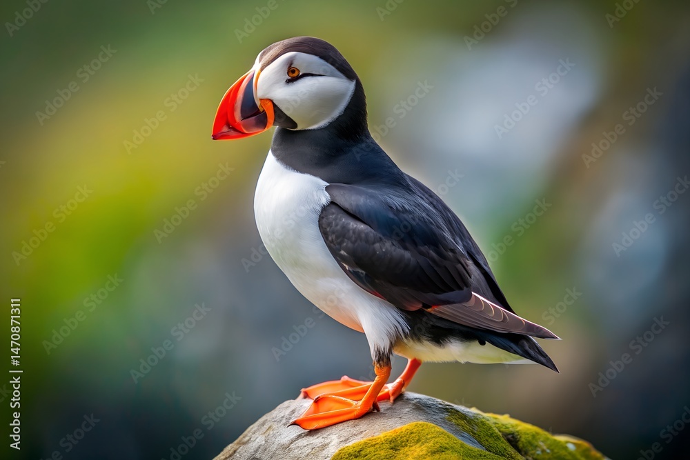 Fototapeta premium Atlantic Puffin Perched on Mossy Rock in Natural Habitat