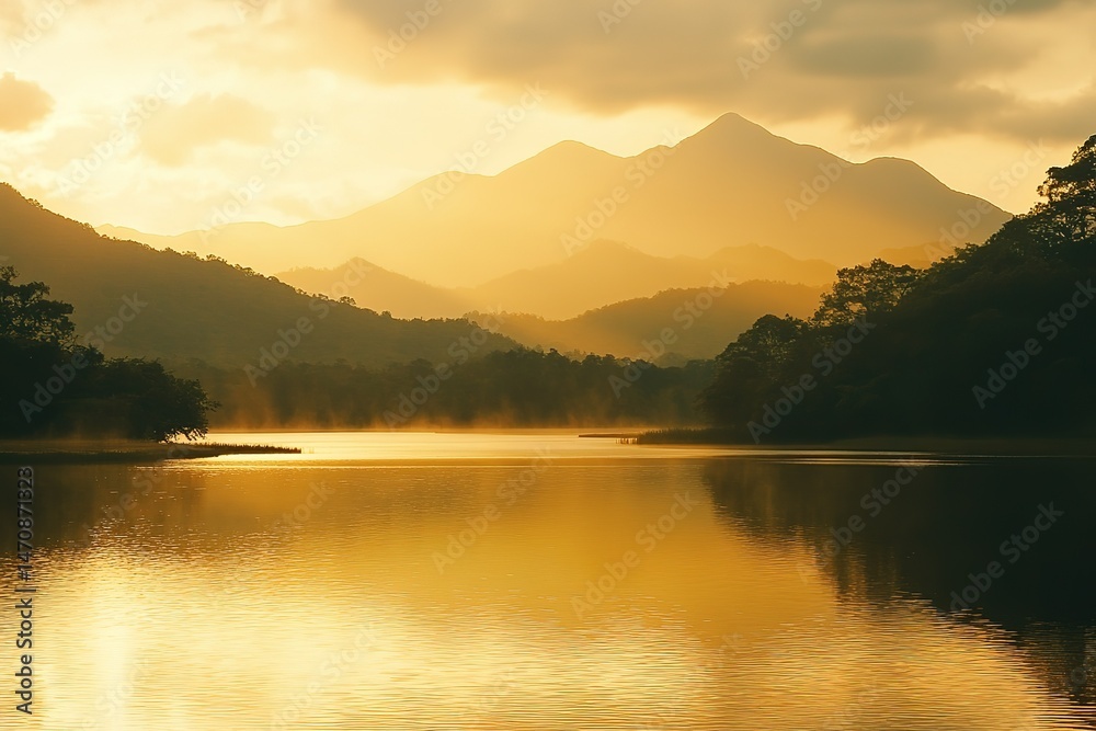 Obraz premium A breathtaking view of a serene mountain landscape at sunrise, with golden light illuminating the peaks and a calm lake reflecting the scenery. Perfect for use in travel marketing, nature blogs