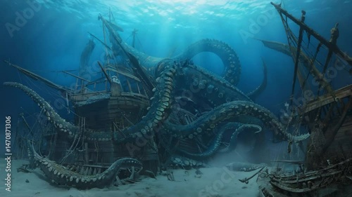 Underwater scene colossal sea creature with sunken ship remains