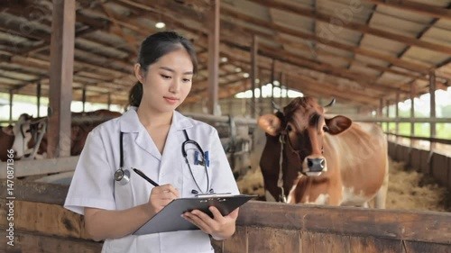 Veterinarian examines cow in barn agricultural and medical concept