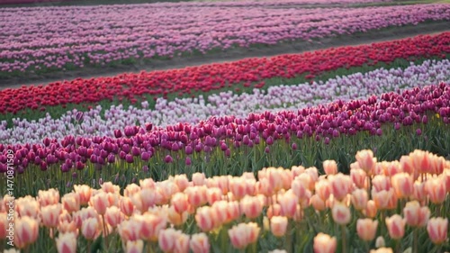 Vibrant tulip field in bloom with rows of colorful flowers under sunlight