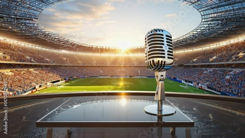 Vintage microphone on stage in stadium with bright sunlight
