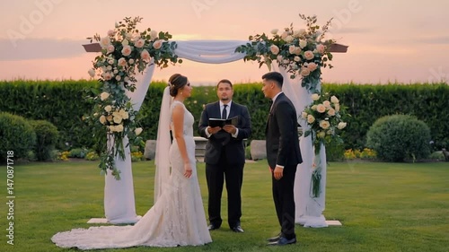 Wedding ceremony with bride and groom holding hands under floral arch