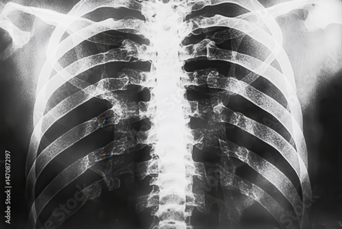 X-ray image of the human rib cage and spine, showing skeletal structure.  Some areas appear slightly darkened, possibly indicating medical conditions photo